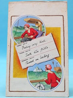 Comic postcard, Young woman on board ship