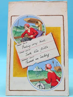 Comic postcard, Young woman on board ship Comic postcard, Young woman on board ship