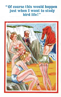 Comic postcard, Young women on the beach, man with camera Date: 20th century Comic postcard, Young women on the beach, man with camera Date: 20th century