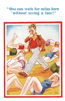 Comic postcard, Young women on the beach - man walking Date: 20th century Comic postcard, Young women on the beach - man walking Date: 20th century