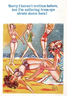 Comic postcard, Young women on the beach - young man suffering from eye strain Date Comic postcard, Young women on the beach - young man suffering from eye strain Date