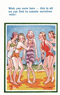 Bikini Gallery: Comic postcard, Four young women and an old man on the beach Date: 20th century
