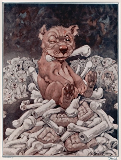 <b class=qtipBold><figcaption>The Communist by George Studdy</figcaption></b><br>Bonzo, detesting Communism in any form, takes a back seat on this occasion. Rather odd cartoon showing a red Bonzo sitting on top of a pile of bones. Credit line must read: Estate of George Studdy/Gresham Marketing Ltd./Mary Evan"<br><em>© Estate of George Studdy/Gresham Marketing Ltd./Mary Evans</em> The Communist by George Studdy