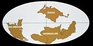 <b class=qtipBold><figcaption>Continental Drift</figcaption></b><br>The world 380 million years ago during Lower Devonian Times, showing the three continents of Eur-America, Angara and Gondwanaland. Date:<br><em>© Mary Evans Picture Library 2015 - https://copyrighthub.org/s0/hub1/creation/maryevans/MaryEvansPictureID/10703624</em> Continental Drift