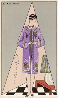 <b class=qtipBold><figcaption>Costume/Poiret/Wool Coat</figcaption></b><br>Paul Poiret creation: collarless purple wool coat bordered in gold & white & with a bold floral design on the chest & hem.<br><em>© Mary Evans Picture Library</em> Costume/Poiret/Wool Coat