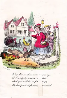 Couple feeding poultry on a greetings card Couple feeding poultry on a greetings card