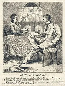 Prints of A young couple take an evening cup of tea together while the cat sleeps contendedly on the mat Related Prints: Print of a Young Couple Taking Tea Together