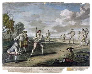 <b class=qtipBold><figcaption>Cricket Match 1743</figcaption></b><br>A cricket match at the Artillery Ground, London. The 18th century bat was a longer, heavier, curved version and just one two-stump wicket was used.<br><em>© Mary Evans Picture Library</em> Cricket Match 1743