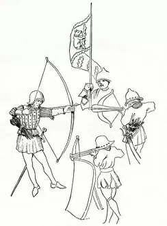 Crossbow-man (right), pavisier (man firing from behind an oblong shield or pavise