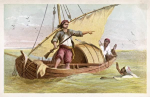 <b class=qtipBold><figcaption>Crusoe Escapes the Moors</figcaption></b><br>Robinson Crusoe escapes from the Moors.<br><em>© Mary Evans Picture Library</em> Crusoe Escapes the Moors