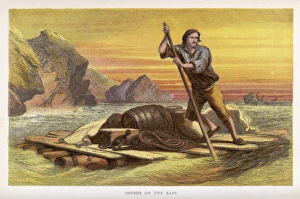 <b class=qtipBold><figcaption>Crusoe on his Raft</figcaption></b><br>Crusoe on his raft, salvages as much as he can from the wrecked ship.<br><em>© Mary Evans Picture Library</em> Crusoe on his Raft