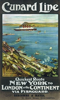 <b class=qtipBold><figcaption>Cunard Line to New York</figcaption></b><br>Poster advertising the Cunard Line service to New York and the Continent via Fishguard in Wales, featuring a passenger liner.<br><em>© Mary Evans Picture Library 2015 - https://copyrighthub.org/s0/hub1/creation/maryevans/MaryEvansPictureID/10239617</em> Cunard Line to New York