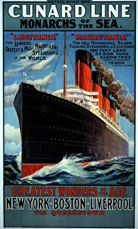 <b class=qtipBold><figcaption>Cunard Line Poster</figcaption></b><br>Cunard Line, Monarchs of the Sea poster for the Lusitania and Mauretania, 1907 Date: 1907<br><em>© Mary Evans / National Archives</em> Cunard Line Poster
