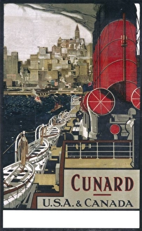 <b class=qtipBold><figcaption>Cunard USA and Canada poster</figcaption></b><br>Poster advertising the Cunard Line passenger services to America and Canada, destination of many emigrants during the first half of the twentieth century.<br><em>© Mary Evans Picture Library 2015 - https://copyrighthub.org/s0/hub1/creation/maryevans/MaryEvansPictureID/10239619</em> Cunard USA and Canada poster