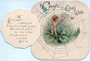 Cupid and spider's web on a Valentine card Cupid and spider's web on a Valentine card