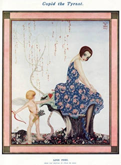 <b class=qtipBold><figcaption>Cupid the Tyrant by Flix de Gray</figcaption></b><br>A piece of art showing Cupid forcing love upon an unsuspecting girl sitting on a mossy log. Cupid holds out a heart to the back of the girl, who is wearing a blue floral dress.<br><em>© Mary Evans Picture Library</em> Cupid the Tyrant by Flix de Gray