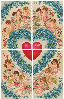 Cupids with hearts and flowers on a German Valentine card Cupids with hearts and flowers on a German Valentine card