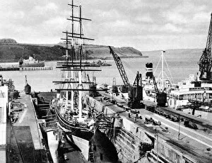 Moored Gallery: The Cutty Sark in dry-dock, Falmouth, 1938