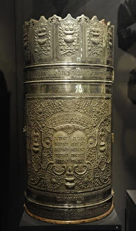 Cylindrical Torah scroll case.Tripoli, Libya, 1935. Silversmi