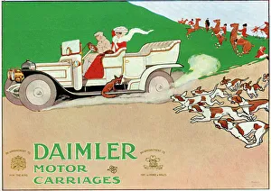 <b class=qtipBold><figcaption>Daimler Motor Carriages</figcaption></b><br>Daimler Motor Carriages advert with a fox getting a lift from the hounds in a hunt 1908 Date: 1908<br><em>© Mary Evans / National Archives</em> Daimler Motor Carriages