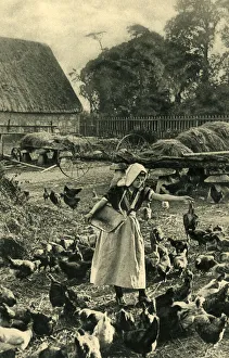 Dairymaid feeding chickens, Isle of Wight Dairymaid feeding chickens, Isle of Wight