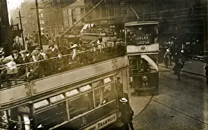 Prints of Deansgate/ Bridge Street, Manchester, Lancashire, England. Showing Five Trams, Percys Jewellers and the Tyldesley and Holbrook Showrooms Date: 1913 Lancaster Prints: Manchester Deansgate Print, 1913