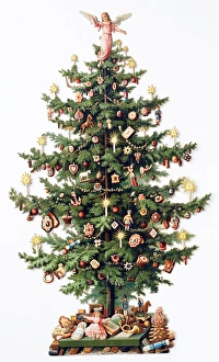 Decorated Christmas tree with toys below Decorated Christmas tree with toys below