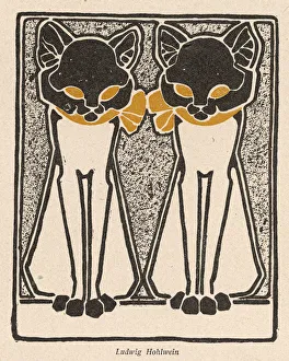 <b class=qtipBold><figcaption>Two Decorative Cats 1904</figcaption></b><br>Two decorative and symmetrical cats.<br><em>© Mary Evans Picture Library</em> Two Decorative Cats 1904