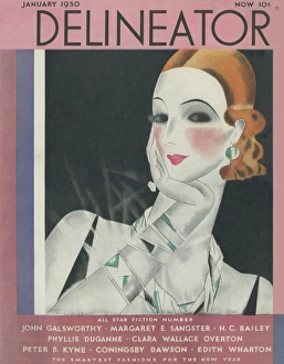 <b class=qtipBold><figcaption>Delineator cover January 1930</figcaption></b><br>Front cover illustration featuring a poised and elegant 1920s woman with her red wavy bobbed hair fixed with a clip, wearing a fashionable assortment of matching art deco bangles, bracelets and necklace.<br><em>© Mary Evans/Peter & Dawn Cope Collection</em> Delineator cover January 1930
