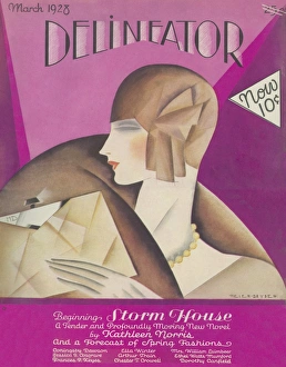 <b class=qtipBold><figcaption>Delineator cover, March 1928</figcaption></b><br>Striking art deco style illustration featuring an elegant woman dressed in a fur stole and close fitting cloche cap. She holds a stylish purse in her gloved hand.<br><em>© Mary Evans/Peter & Dawn Cope Collection</em> Delineator cover, March 1928