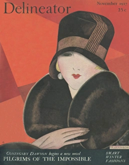 <b class=qtipBold><figcaption>The Delineator November 1927</figcaption></b><br>A fashionable woman peers out imperiously from under the brim of her cloche hat as she pulls the fur collar of her coat around her.<br><em>© Mary Evans/Peter & Dawn Cope Collection</em> The Delineator November 1927