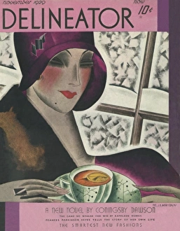<b class=qtipBold><figcaption>The Delineator November 1929</figcaption></b><br>Front cover illustration showing an elegantly attired 1920s woman wearing a cloche hat, a fur stole and enjoying a nice cup of tea with a slice of lemon.<br><em>© Mary Evans/Peter & Dawn Cope Collection</em> The Delineator November 1929