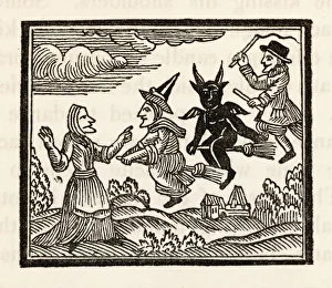 <b class=qtipBold><figcaption>Demon and Witches</figcaption></b><br>A countrywoman is amazed to see two witches - one male, one female - flying past escorted by the Devil who, it seems, also needs a broomstick<br><em>© Mary Evans Picture Library</em> Demon and Witches