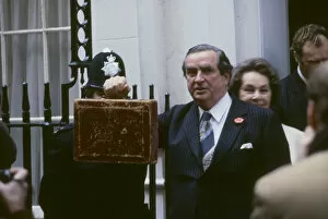 Budget Gallery: Denis Healey with Labour budget box 1978