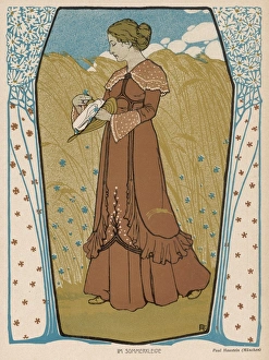 <b class=qtipBold><figcaption>Depiction of Summer 1903</figcaption></b><br>A depiction of Summer showing a woman wearing a reform style tunic dress with uncorseted waistline. She picks cornflowers from a cornfield to decorate her straw hat.<br><em>© Mary Evans Picture Library</em> Depiction of Summer 1903
