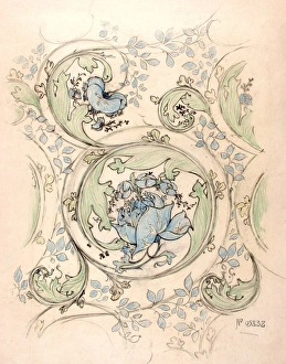 <b class=qtipBold><figcaption>Design with blue flowers</figcaption></b><br>Design with blue flowers. Conte and coloured pencil on copy paper. Silver Studio. circa 1906<br><em>© MODA / Mary Evans Picture Library</em> Design with blue flowers