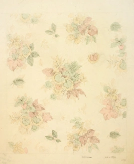 <b class=qtipBold><figcaption>Design for chintz with leaves</figcaption></b><br>Design for chintz with different coloured leaves. Pencil and watercolour on copy paper. Silver Studio. 1937<br><em>© MODA / Mary Evans Picture Library</em> Design for chintz with leaves
