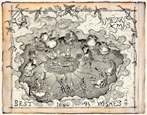 <b class=qtipBold><figcaption>Design for Christmas card</figcaption></b><br>Design for a Christmas Card, showing frogs having a feast on a lily pond. Pen and wash with gouache border on heavy paper. Silver Studio. 1890-1891<br><em>© MODA / Mary Evans Picture Library</em> Design for Christmas card