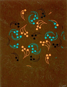 <b class=qtipBold><figcaption>Design for dress silk or print</figcaption></b><br>Design for dress silk or print in orange, turquoise and brown. Gouache on cartridge paper. Silver Studio. circa 1930<br><em>© MODA / Mary Evans Picture Library</em> Design for dress silk or print