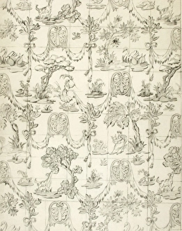 <b class=qtipBold><figcaption>Design for printed textile</figcaption></b><br>Design for printed textile. Pencil on copy paper. Silver Studio. 1959<br><em>© MODA / Mary Evans Picture Library</em> Design for printed textile