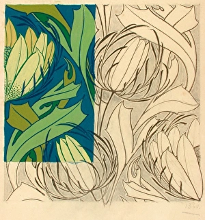 <b class=qtipBold><figcaption>Design with stylised flowers</figcaption></b><br>Design with stylised flowers. Conte, coloured pencil and gouache on copy paper. Silver Studio. circa 1900<br><em>© MODA / Mary Evans Picture Library</em> Design with stylised flowers