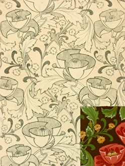 <b class=qtipBold><figcaption>Design with stylised red flowers</figcaption></b><br>Design with stylised red flowers. Conte, coloured pencil and gouache on copy paper. Silver Studio. circa 1905<br><em>© MODA / Mary Evans Picture Library</em> Design with stylised red flowers