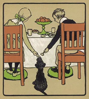 <b class=qtipBold><figcaption>Dog and Two Children</figcaption></b><br>A little black dog sits patiently while a boy and a girl hand him nice things to eat from the table.<br><em>© Mary Evans Picture Library</em> Dog and Two Children