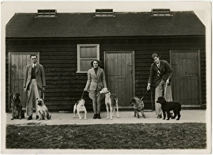 Three dog handlers with six dogs in front of stables Three dog handlers with six dogs in front of stables