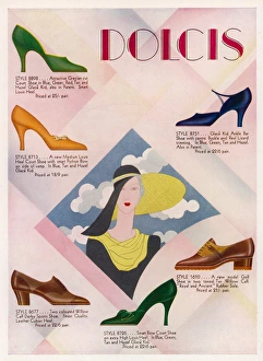 <b class=qtipBold><figcaption>Dolcis Advert 1931</figcaption></b><br>Advertisement for Dolcis shoes including: golf shoes, a Derby sports shoes & court shoes in bright exotic colours.<br><em>© Mary Evans Picture Library</em> Dolcis Advert 1931