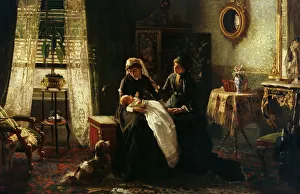 A domestic interior with two women wearing black, one holdin A domestic interior with two women wearing black, one holdin