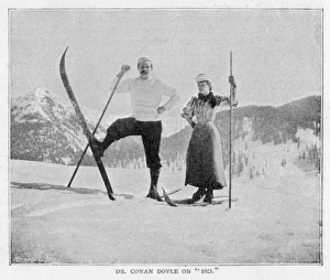 <b class=qtipBold><figcaption>Doyle/Skiing/Alps 1894</figcaption></b><br>SIR ARTHUR CONAN DOYLE In comical pose on skis in the Alps, with female companion.<br><em>© Mary Evans Picture Library</em> Doyle/Skiing/Alps 1894