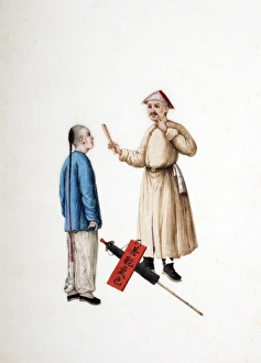 Drawing of 2 Chinese Men with parasol and inscription Drawing of 2 Chinese Men with parasol and inscription