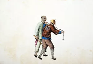 Drawing of Chinese guard leading prisoner on chain