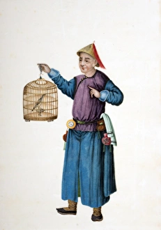Drawing of Chinese man with caged songbird Drawing of Chinese man with caged songbird